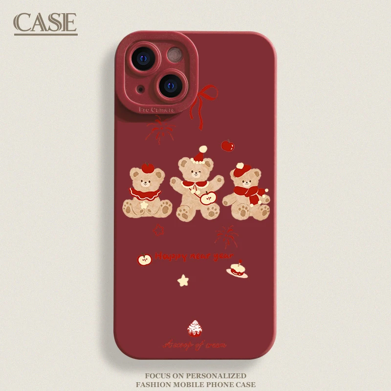 可爱新年小熊适用iPhone16ProMax手机壳15苹果14软13瞳影12磨砂11