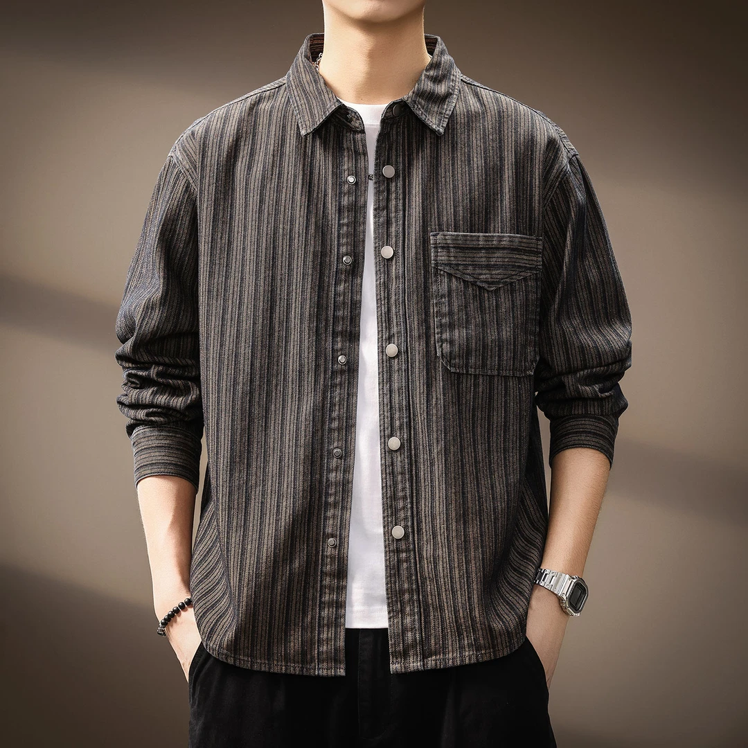 MR.MUDI/穆迪先生高端美式复古条纹提花衬衫男秋季宽松工装长袖