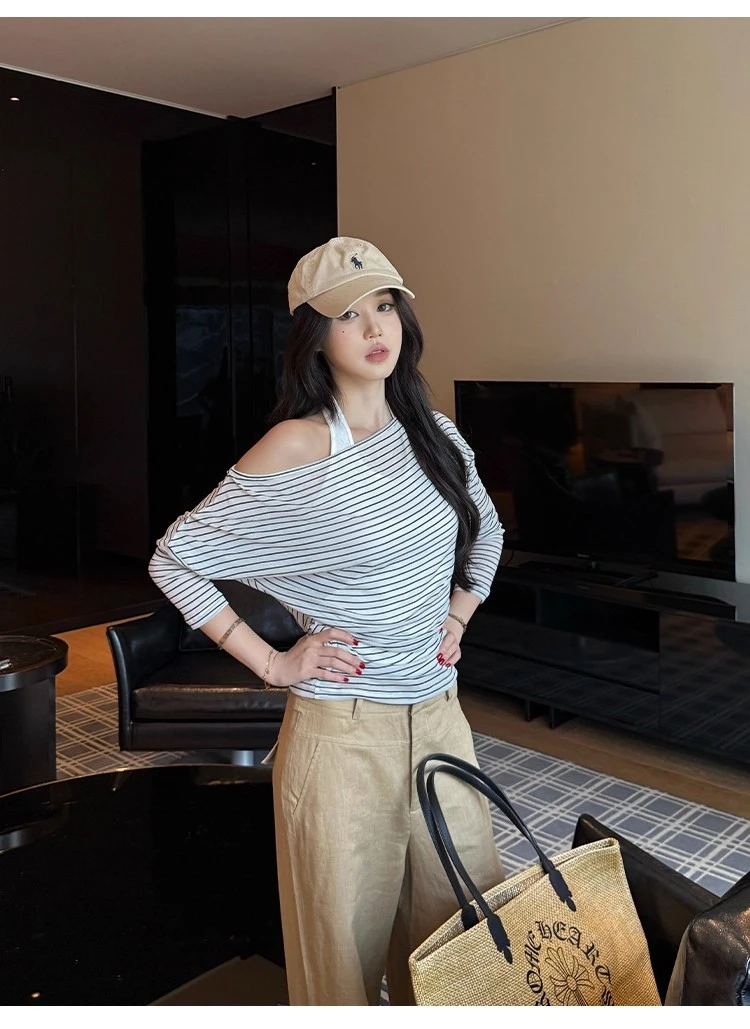 不冷BULENG 条纹防晒一字领长袖t恤女夏露肩轻薄宽松罩衫上衣