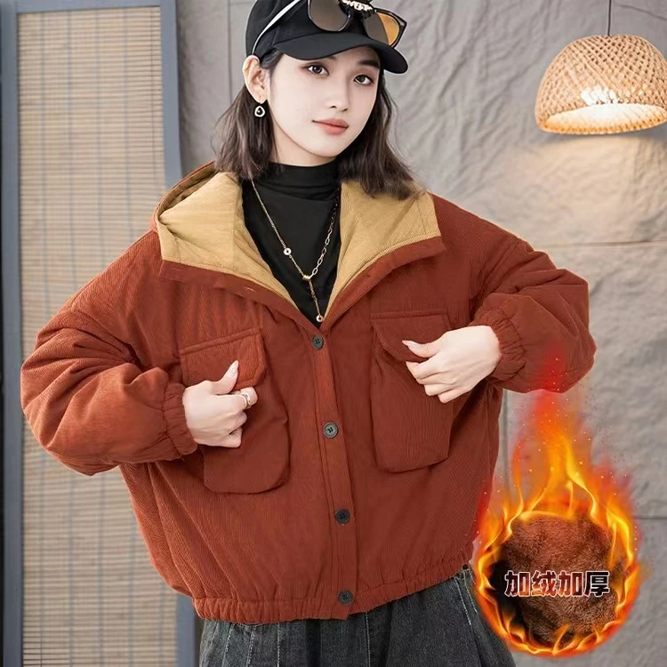 百搭夹棉连帽棉服大口袋韩版休闲上衣冬季保暖显瘦妈妈装外套