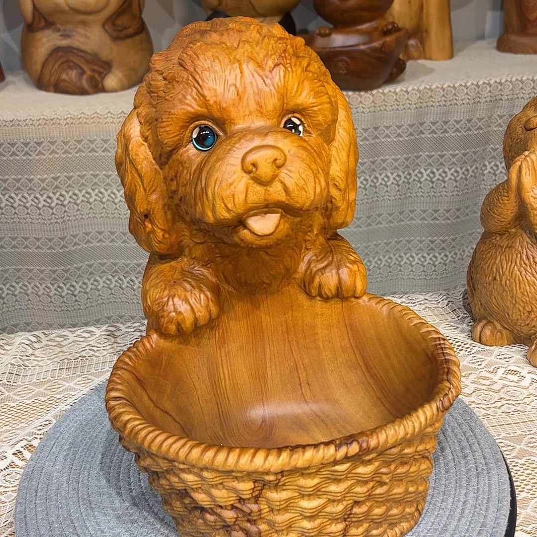 石***立香樟木狗狗果篮摆件
