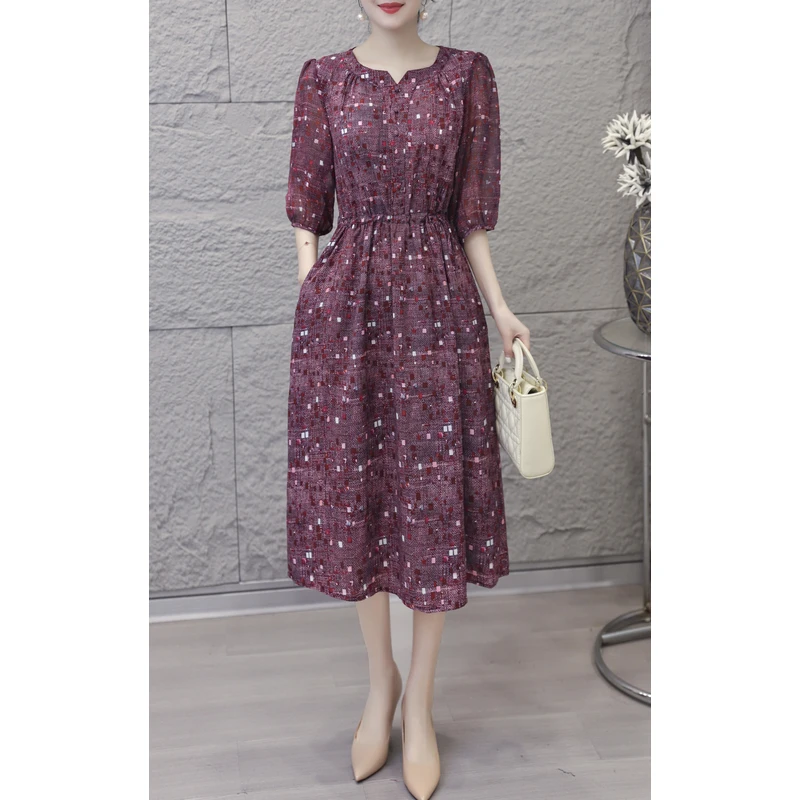 《春晓》紫梦之星高定印花2025新款时尚优雅修身显瘦休闲连衣裙