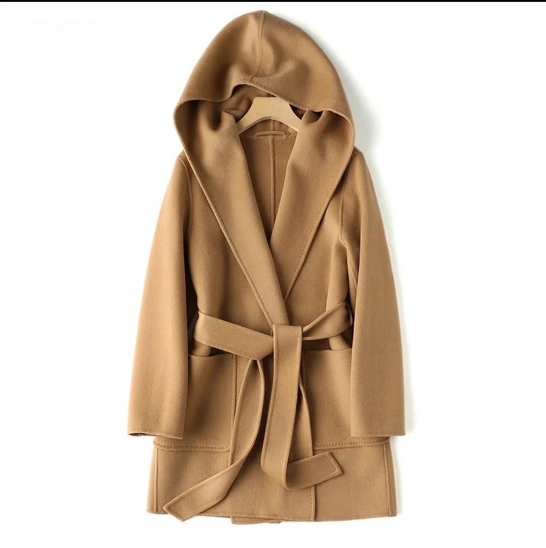 「HMM」连帽大衣女款中长款纯色都市风厚外套直筒型长