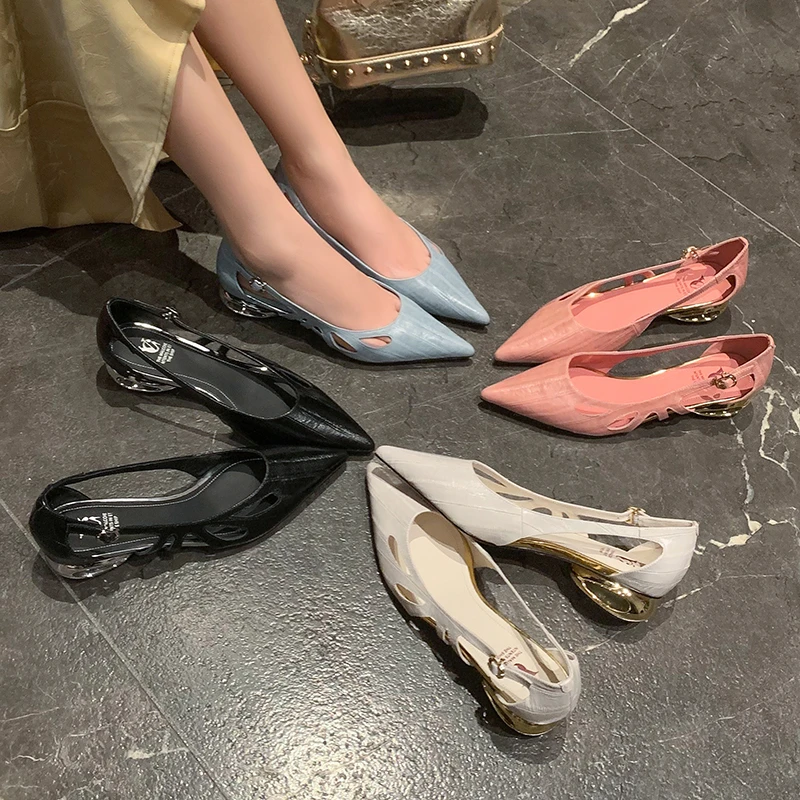 真皮单鞋时尚气质百搭女尖头浅口低跟粗跟软面软底镂空夏季女鞋