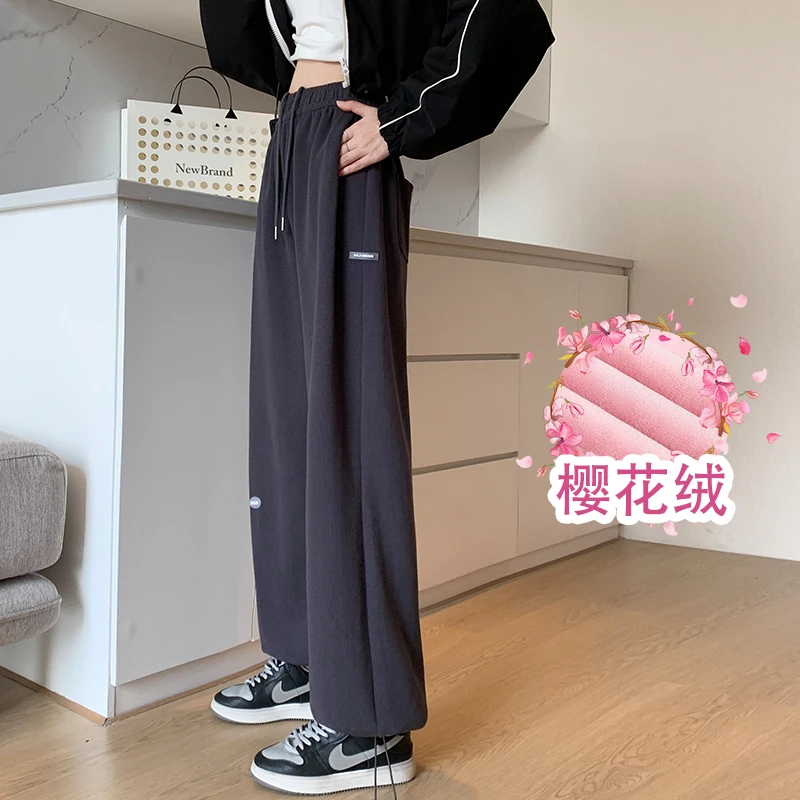 加绒加厚运动裤女春秋2025冬季阔腿裤宽松显瘦卫裤灰色裤子卫裤