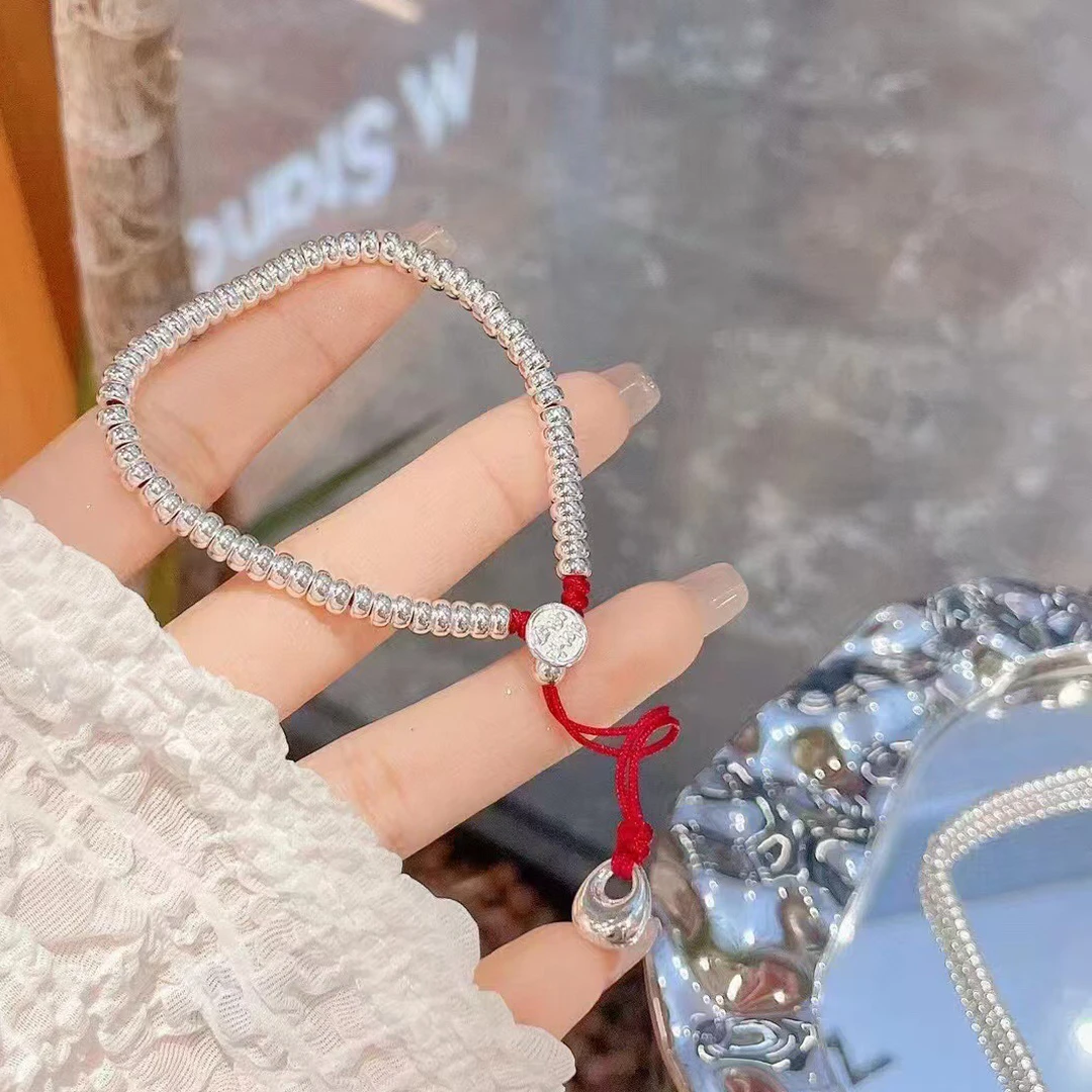 足银手链 999足银盘缠红绳手链女本命年秤砣平安喜乐手绳6mm B185