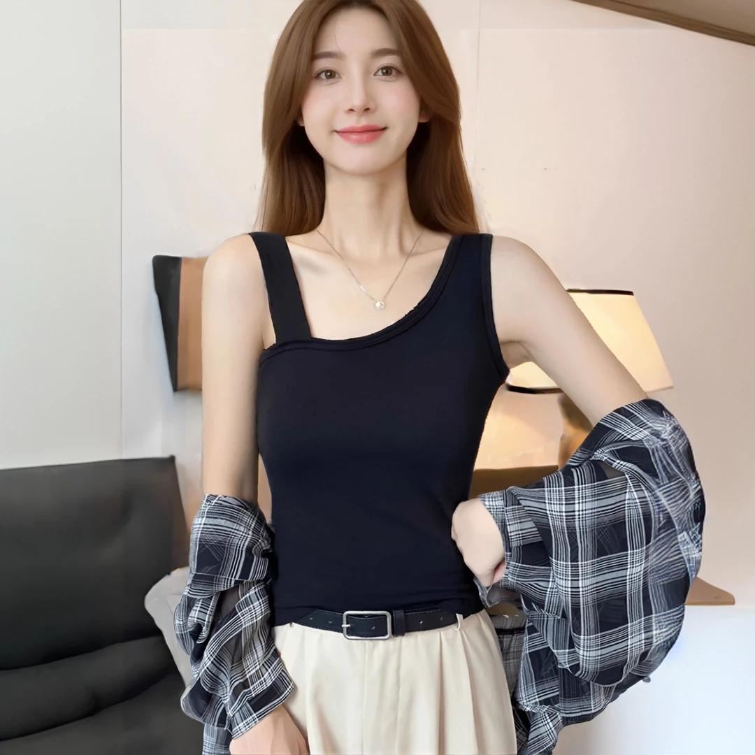 夏季背心黑色斜肩紧身打底百搭内搭不规则无袖纯色吊带外穿女上衣