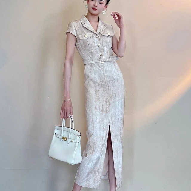 法式气质收腰连衣裙夏季新款女装短袖翻领腰带设计感通勤修身裙子