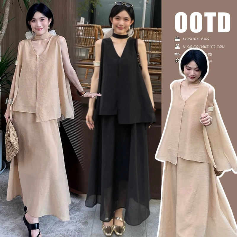 时髦孕妇装新款度假风气质孕妇清爽透气上衣猪鼻半身裙套装送腰带