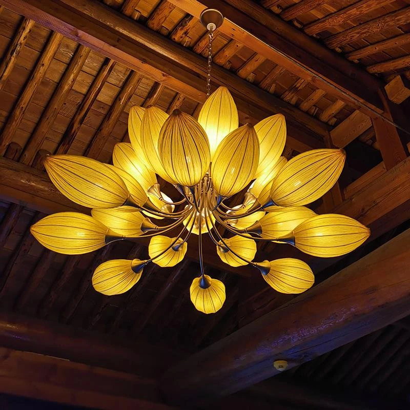 茶室吊灯新中式客厅灯东南亚酒店餐饮餐厅饭店佛堂复古禅意莲花灯