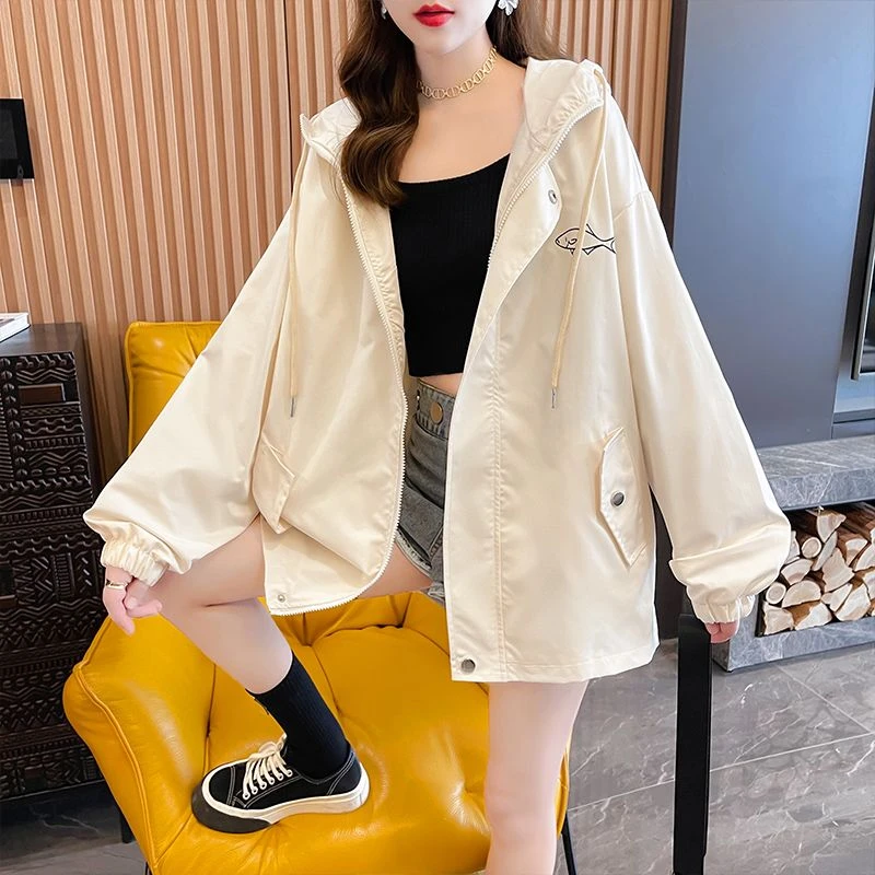 秋季薄款连帽夹克工装抽绳卫衣女印花猫咪字母设计感秋冬外套女