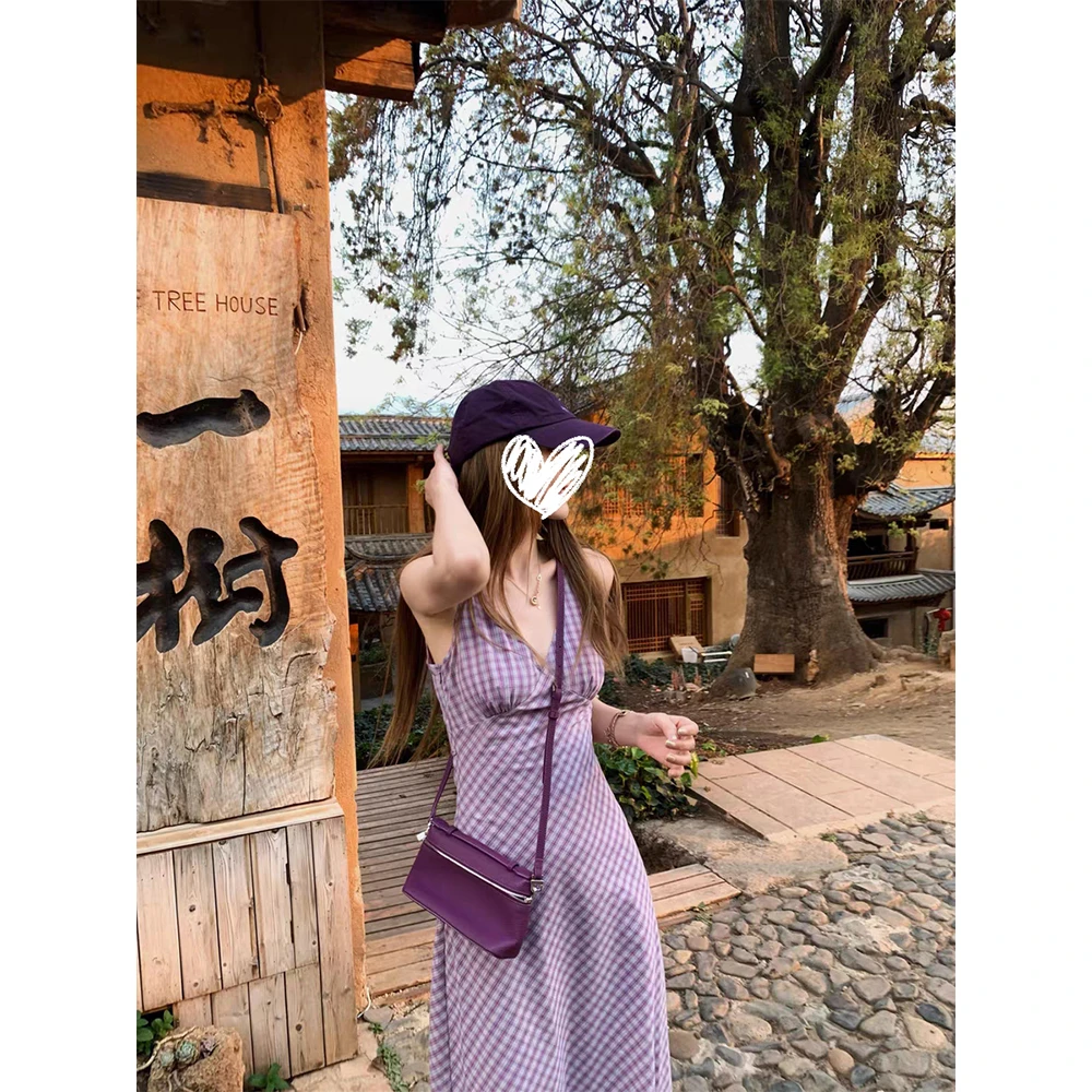 复古格纹V领无袖背心连衣裙女法式度假风气质收腰修身裙子D8094