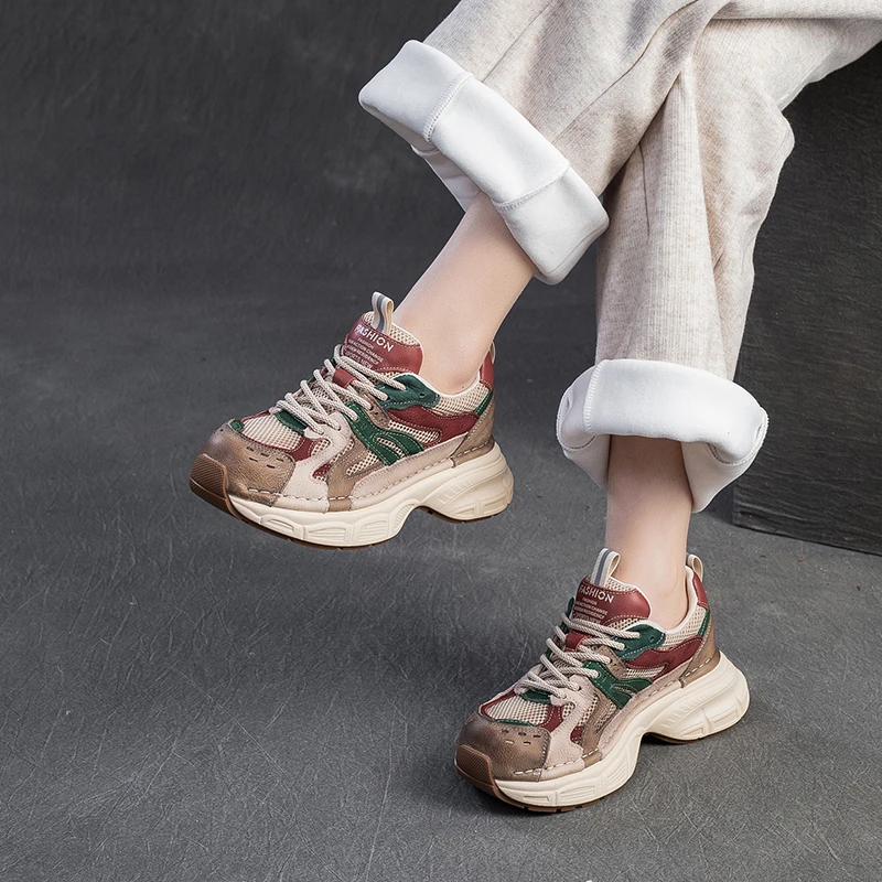 22505真皮网面防臭彩色跑步鞋 高颜值爆款减震时尚百搭软底老爹鞋