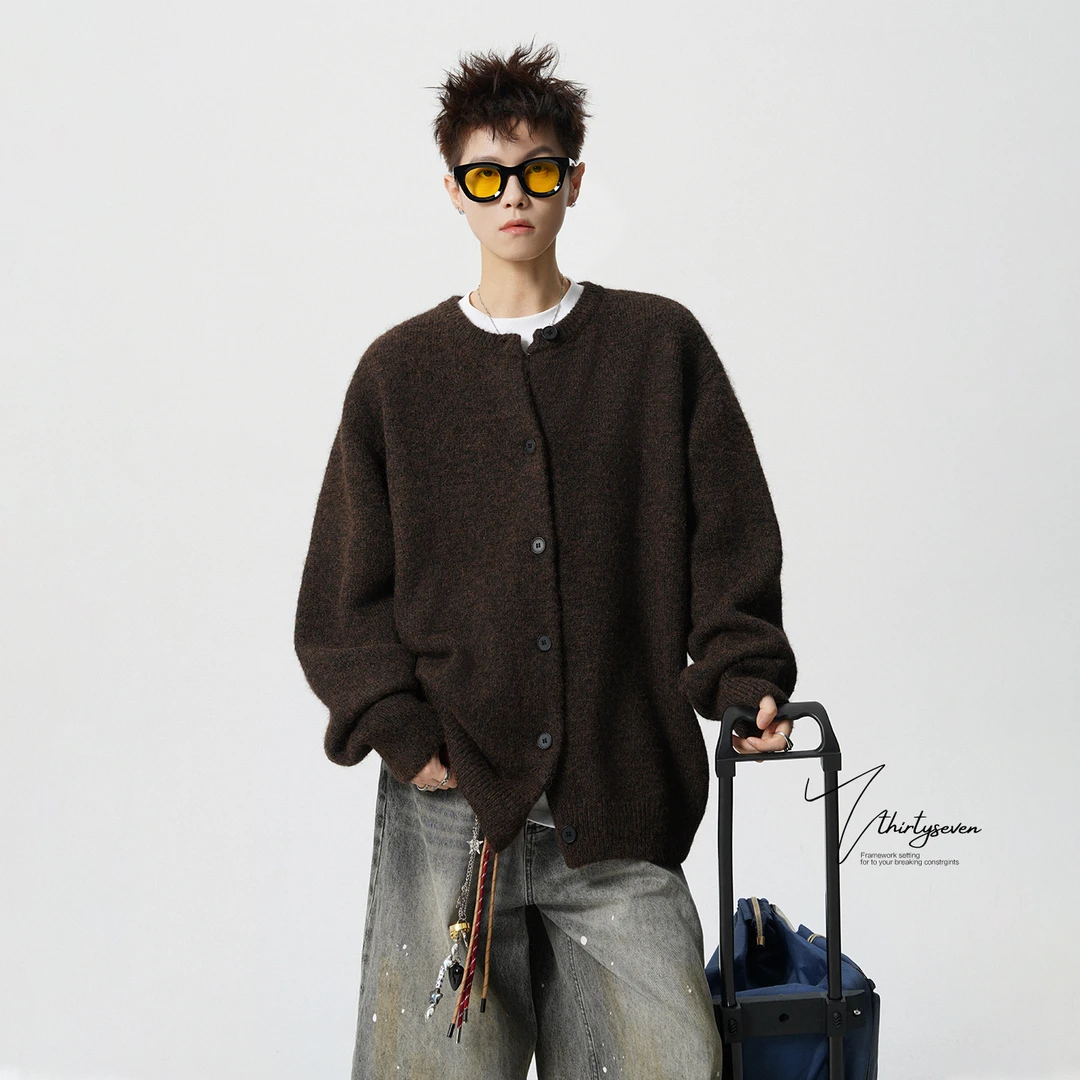 V37美式慵懒风纽扣开衫毛衣男款秋季潮牌复古纯色针织衫外套