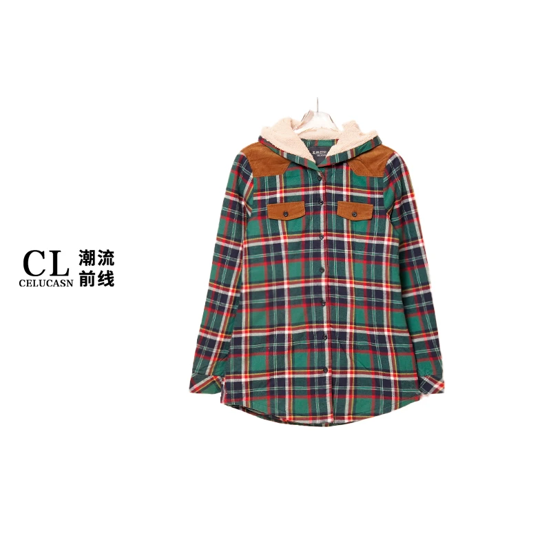 Y4VO70482#新款热卖经典格子印花棉服连帽衬衫款外套上衣