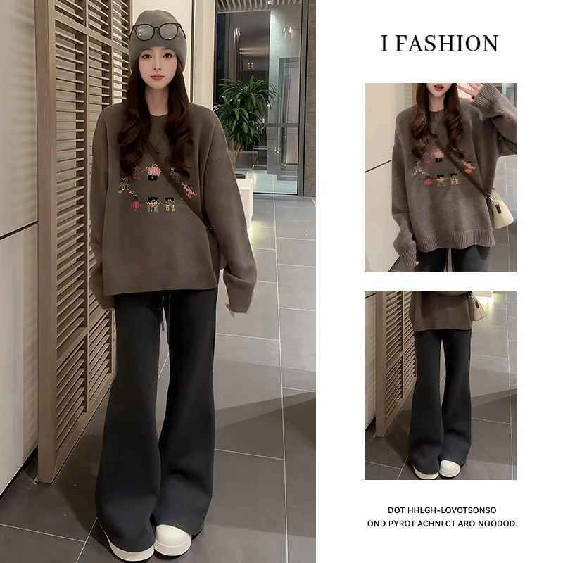 小个子时尚潮流套装女2025秋冬新款韩版显瘦圆领毛衣阔腿裤两件套