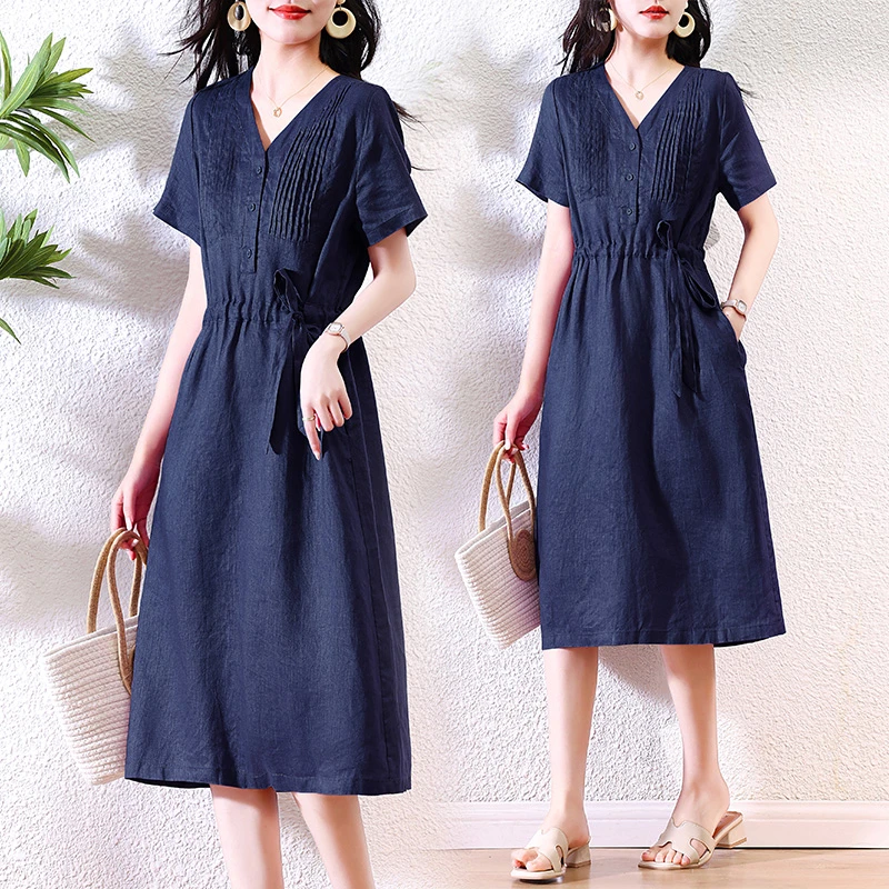 围巾领纯色夏季藏青桑蚕丝连衣裙宽松过膝法式长裙【亚麻】2506