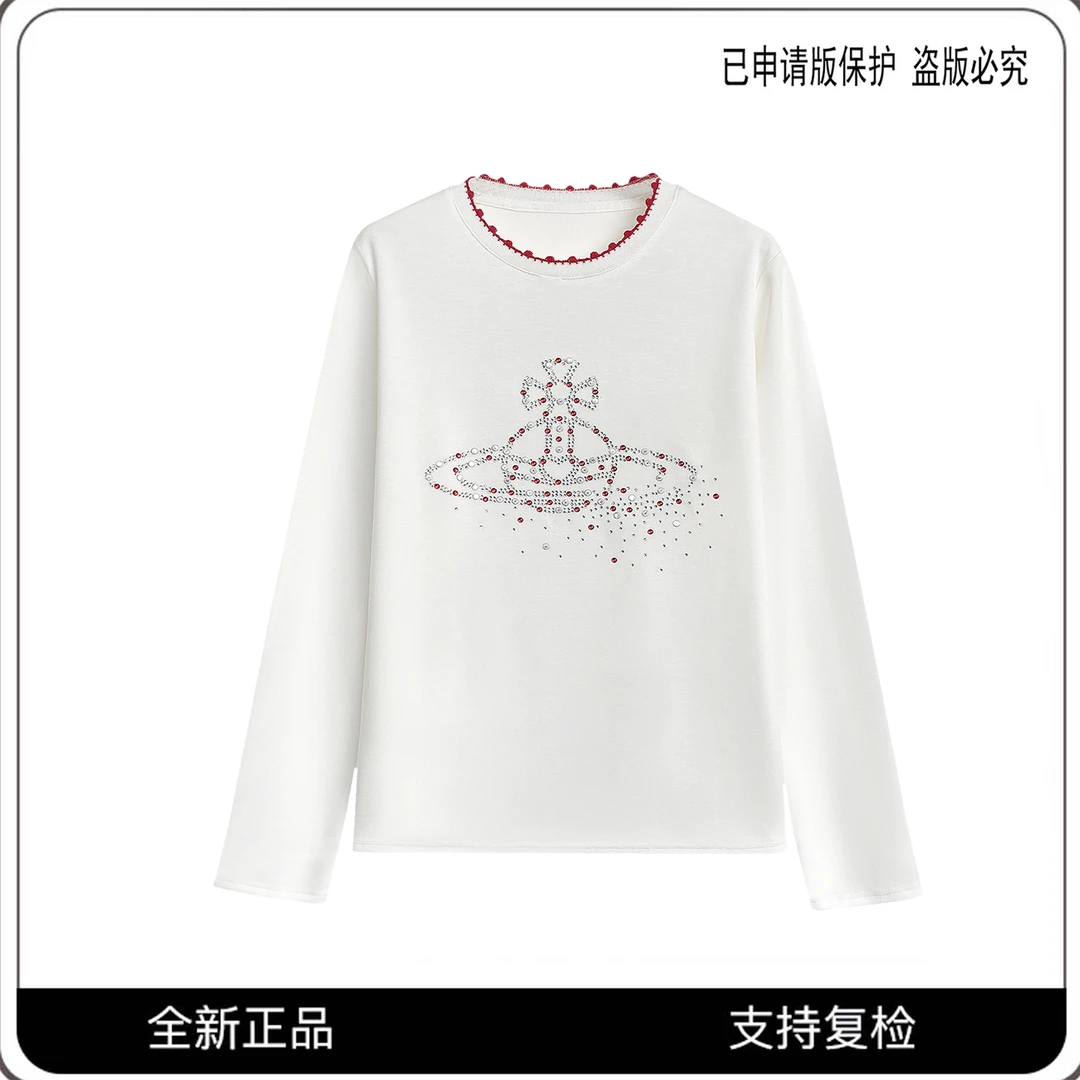 68158#CSIN白色轻奢时尚拼接烫钻长袖T恤2025显瘦休闲个性上衣潮