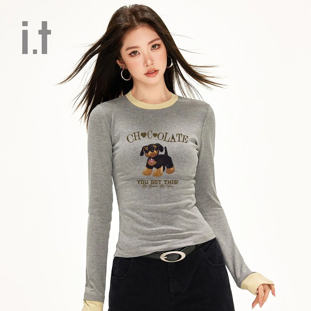 CHOCOOLATE【撞色拼接】小狗印花长袖t恤春季款女上衣