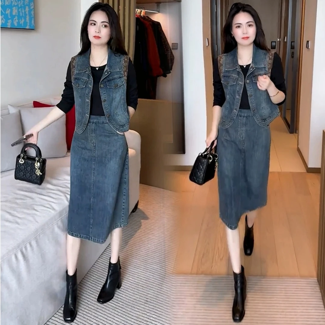 牛仔马甲裙子气质减龄两件套女士早秋新款洋气显瘦时尚连衣裙套装