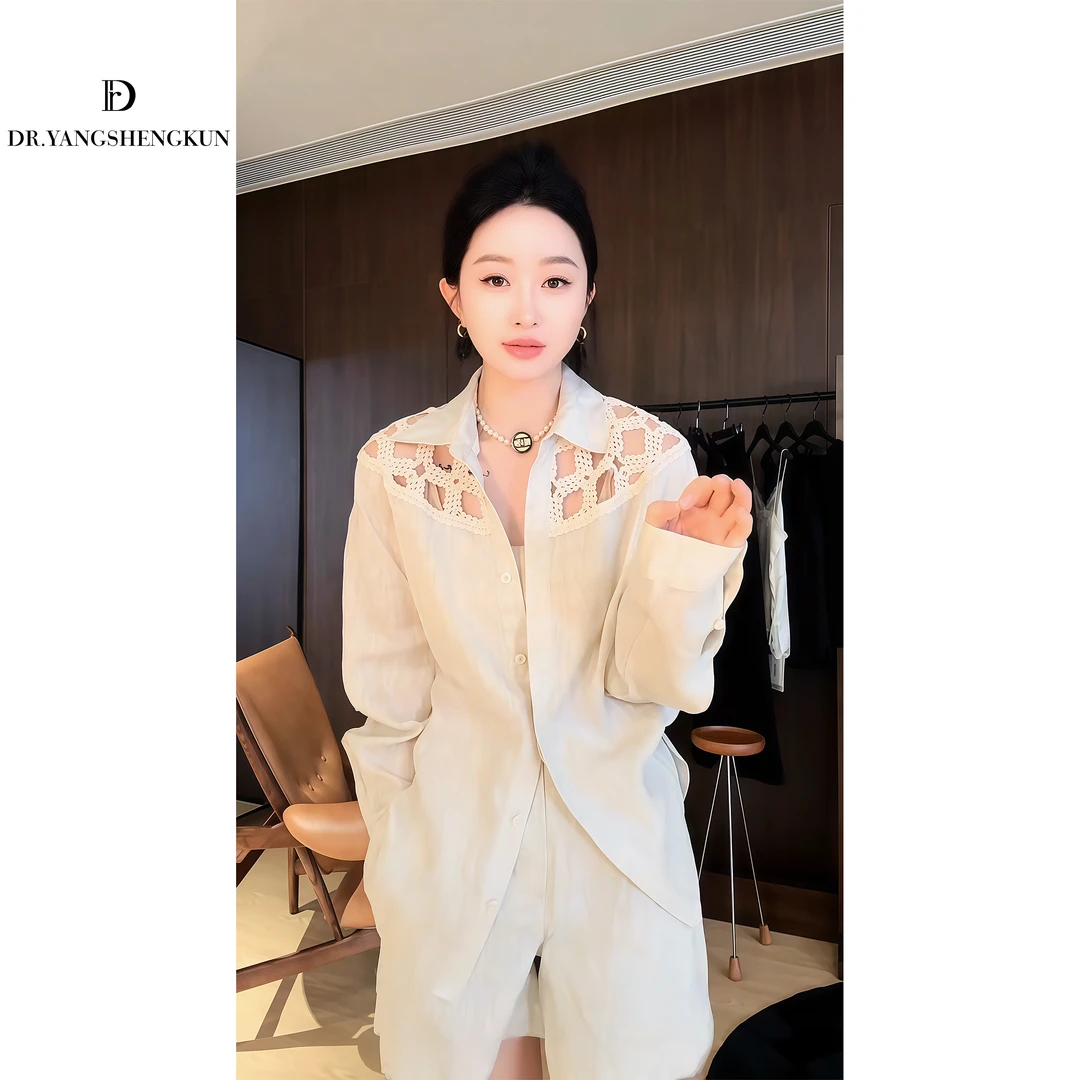 杨圣坤2025夏季新品舒适透气亚麻镂空钩花衬衫短裤套装女L2561140