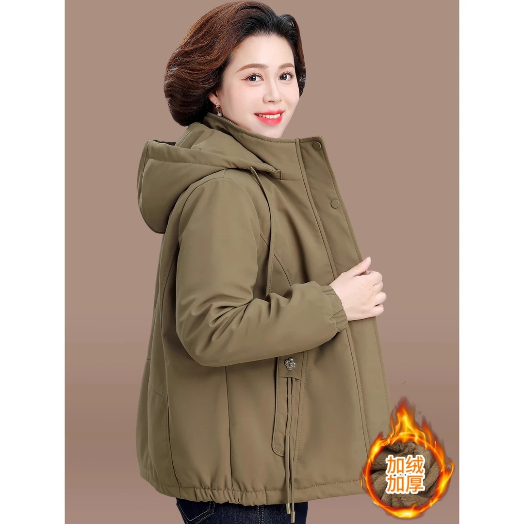 妈妈秋冬外套加绒加厚贵夫人冬季连帽派克服中老年女冬装保暖棉服