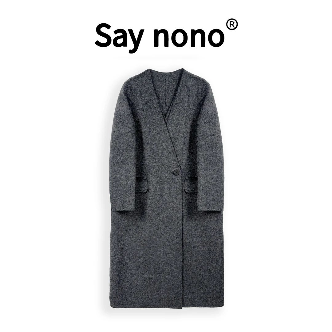 懒猫nono│Saynono 送围巾秋冬时尚简约V领中长毛呢外套H8987X