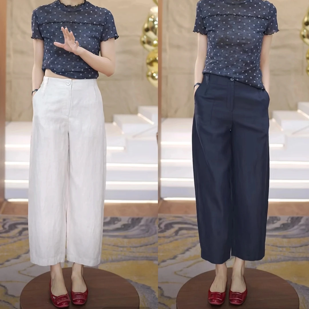 黄色爆款天丝亚麻小个子九分裤女夏薄款2025新款气球裤显瘦麻料裤