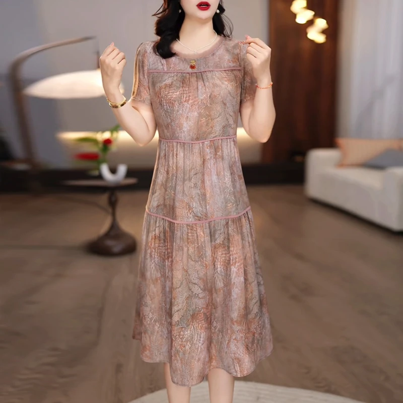 时尚印花轻羽丝连衣裙2025新款女装夏季气质减龄遮肉显瘦礼服裙子
