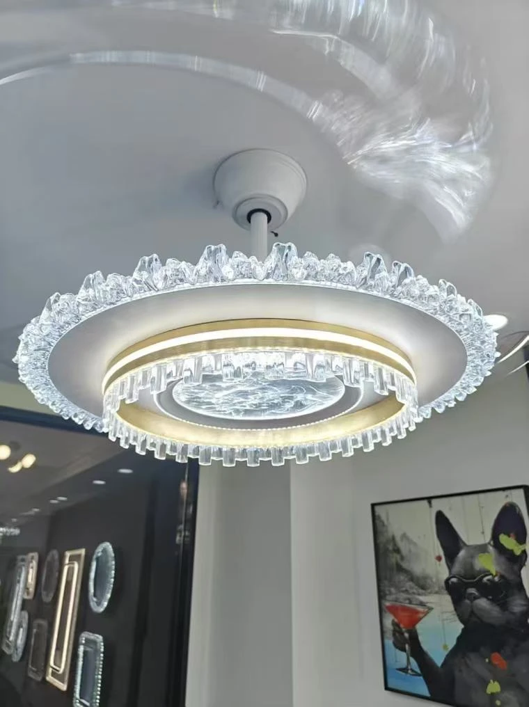 新款云雾水晶800现代简约隐形大气可调节智能语音风扇卧室餐厅灯