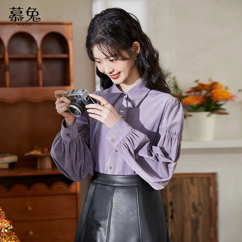 慕兔港风复古紫色长袖衬衫女春2024新款设计感小众洋气不规则上衣