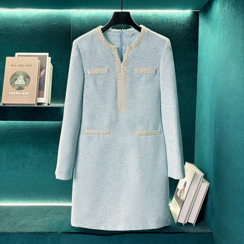 名媛气质重工钉珠小香风编织粗花呢长袖连衣裙秋E03196