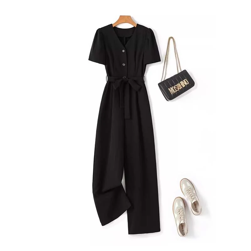 【送腰带】2025夏新款法式泡泡袖西装连体裤女气质工装连衣裤D2433