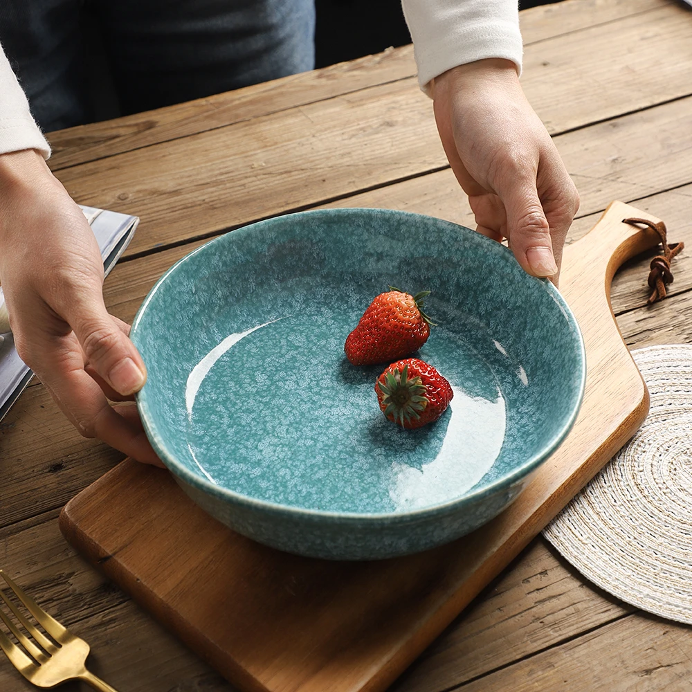 8.5英寸口径21.5厘米窑变异形蓝色深盘微瑕碗