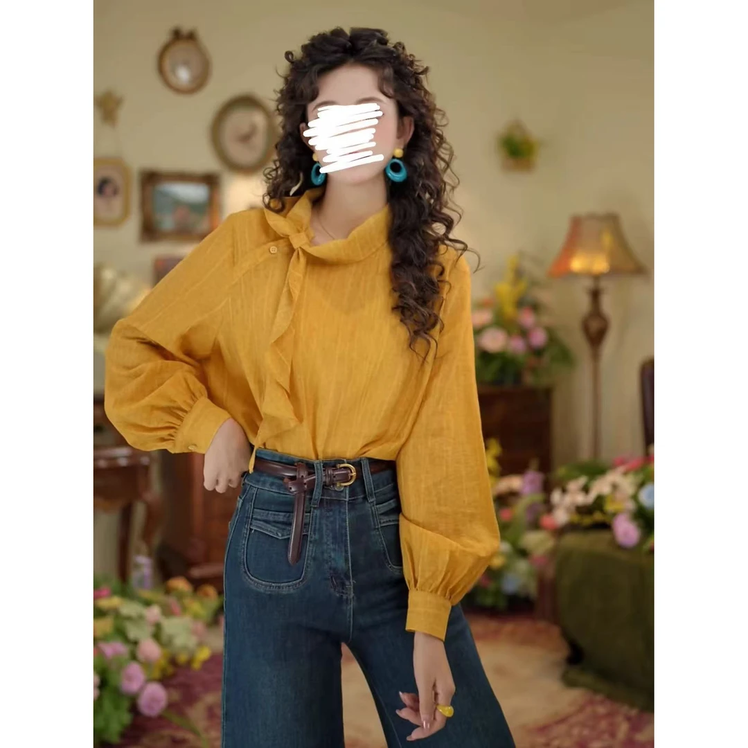 【710】港风复古条纹绑带长袖宽松衬衫女新款漂亮上衣