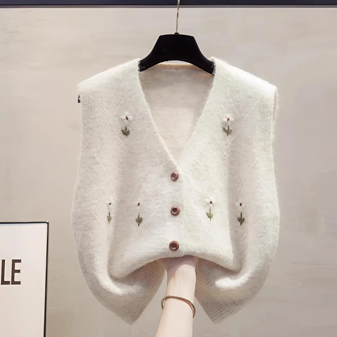 手工花开衫v领针织马甲背心女2025秋冬新款宽松外穿马夹毛衣坎肩