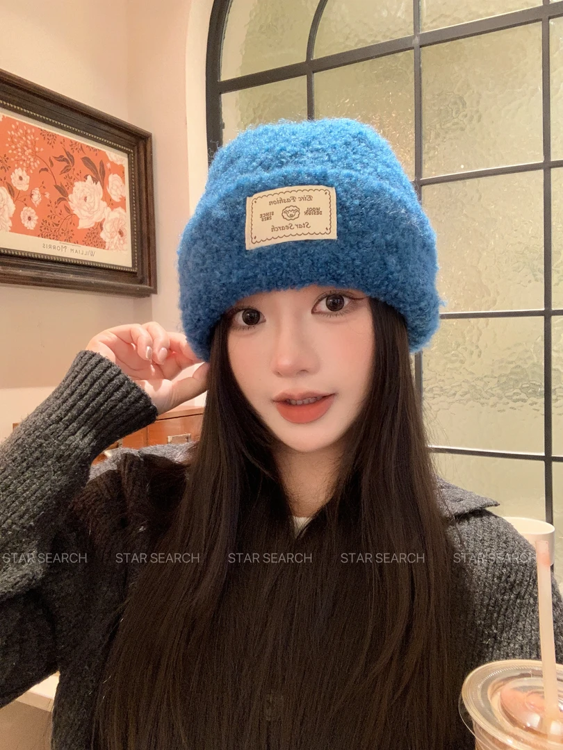 韩版圈圈绒蓝色加厚保暖毛线帽子女秋冬款护耳显脸小针织包头帽