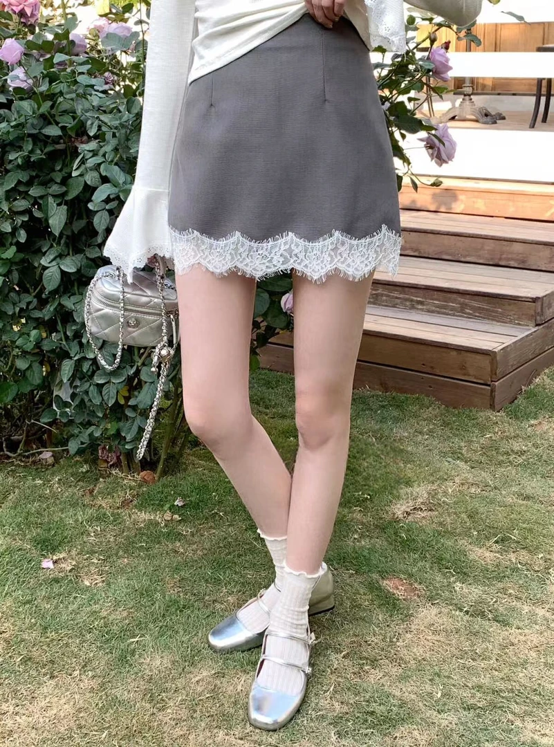 春款上新!百搭高腰显瘦遮胯下摆蕾丝拼接西装半身裙