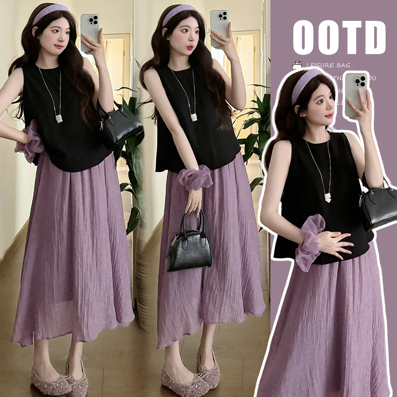 孕妇夏装套装2025新款黑色无袖上衣+紫色半身裙两件套小个子显瘦