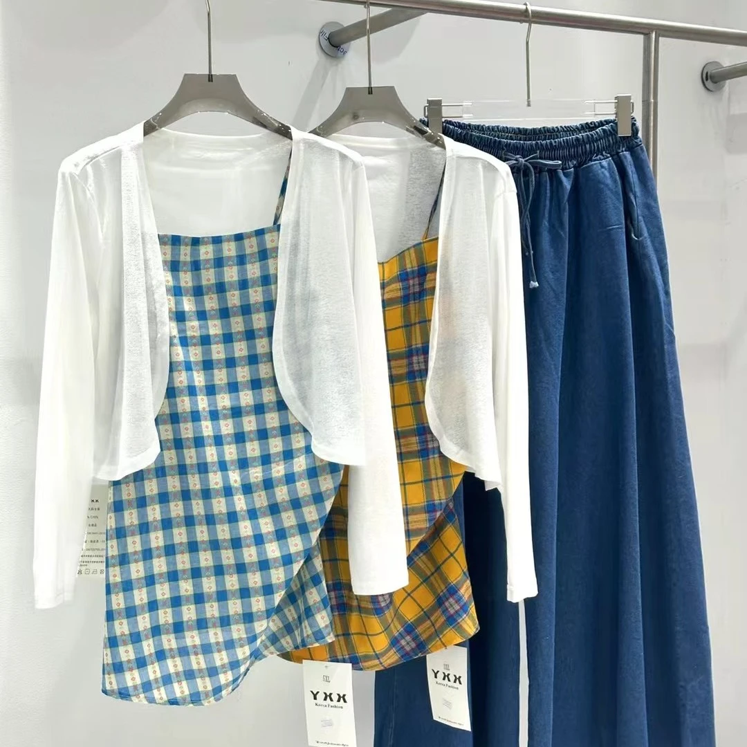 夏季新款大码女装套装韩系不规则格子吊带+开衫+阔腿牛仔裤