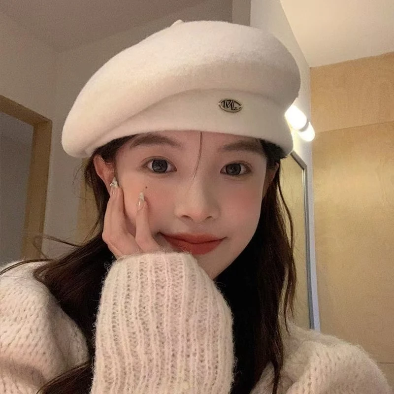 澳洲羊毛贝雷帽女秋冬高级感金属标立体帽子冬季显脸小画家帽礼帽