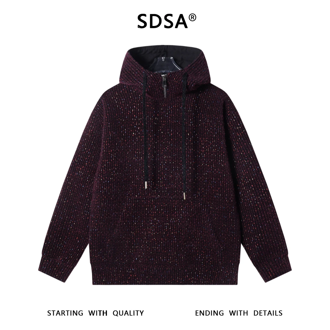 SDSA秋冬新款痞帅男装潮牌绒毛拉链立领连帽针织卫衣时尚套头上衣