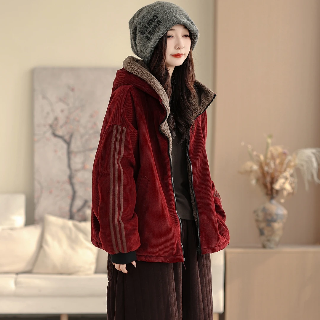 条纹灯芯绒两面穿棉衣2025秋冬新款加绒加厚百搭宽松上衣棉服外套