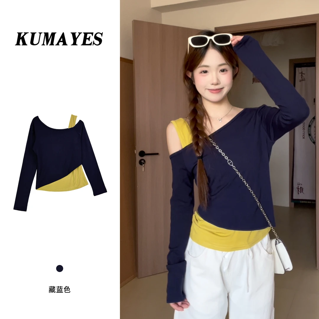 KUMAYES撞色斜肩假两件长袖t恤女2025新款小众修身短款内搭上衣