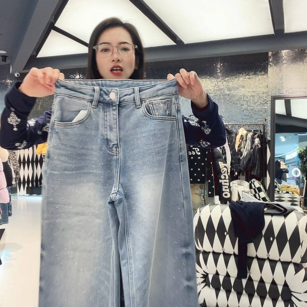 牛仔裤蓝色小钻重工