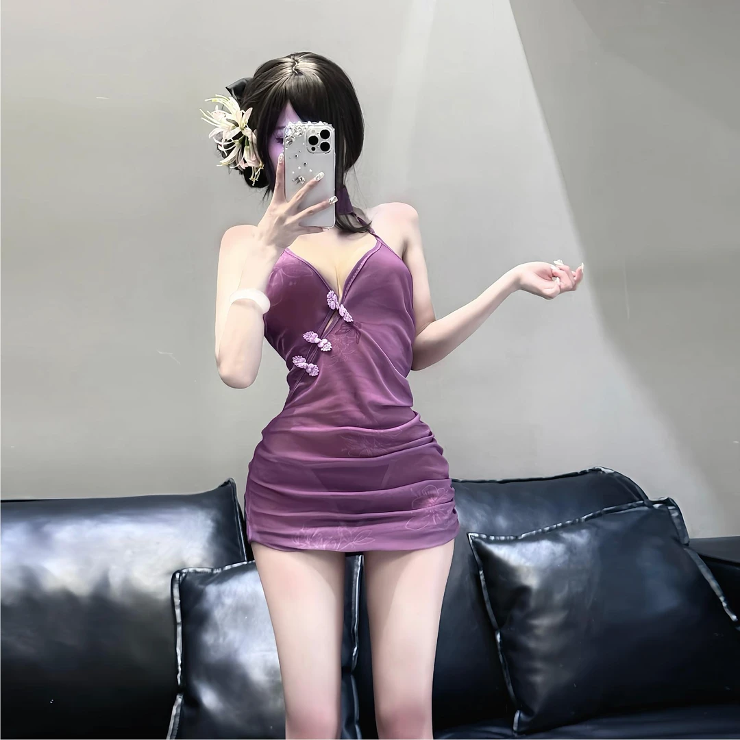 纯欲紫色旗袍睡裙性感睡衣女古风绑带网纱女气质时尚睡衣蕾丝显瘦