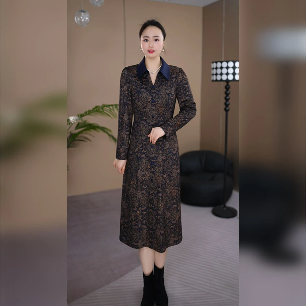 翻领修身时尚碎花印花春装大码春秋拼接连衣裙秋冬收腰春季