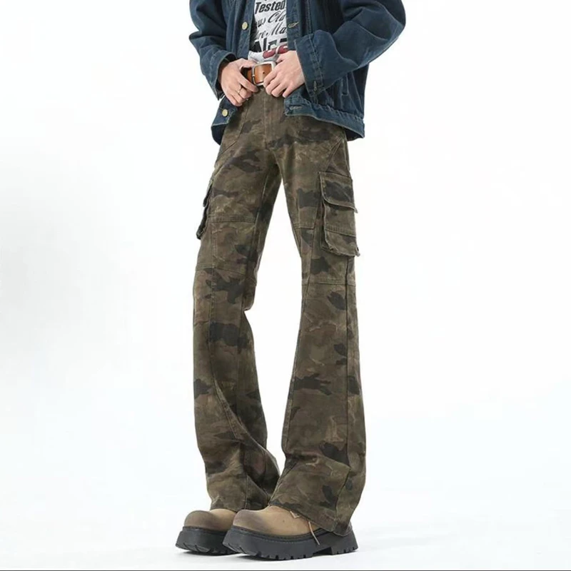 美式复古vibe裤子迷彩微喇工装裤男款秋季高街显瘦修身直筒牛仔裤