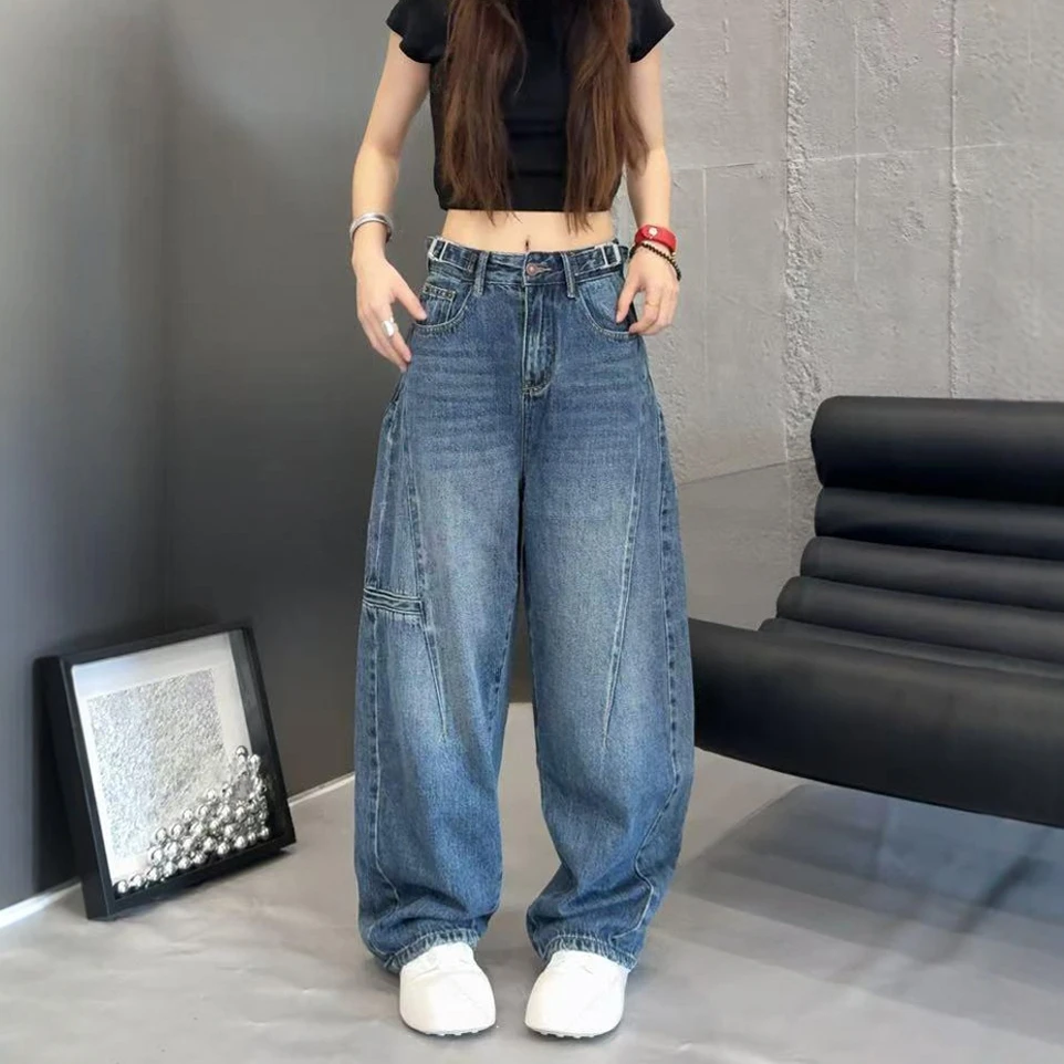 拉夏贝尔时尚卡阔腿牛仔裤女2025夏季新款显瘦宽松美式老爹直筒裤