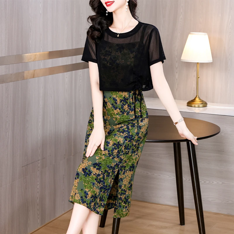 时尚短袖两件套连衣裙女2024新款夏天气质高端妈妈碎花套装裙子